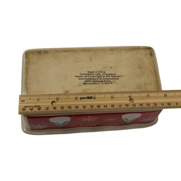 Ceramic Holiday Loaf Pan Snowman & Snowflake Design Seasons Greetings Red - Picture 4 of 7